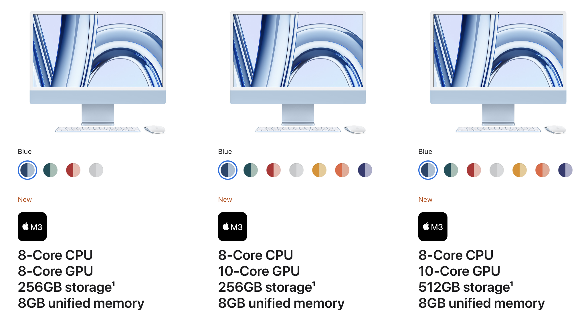 Trois listes d'iMac sur le site Web d'Apple.